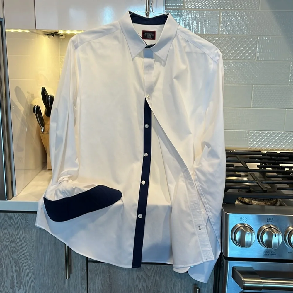 UntuckIt men’s long sleeve white/navy dress shirt L - Picture 6 of 6